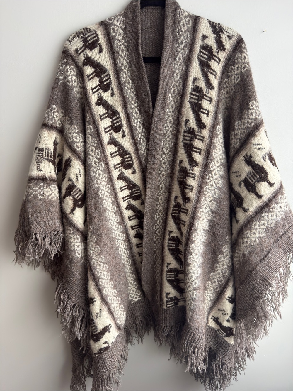 Vintage Llama Shawl Poncho Sweater in Taupe & Cream